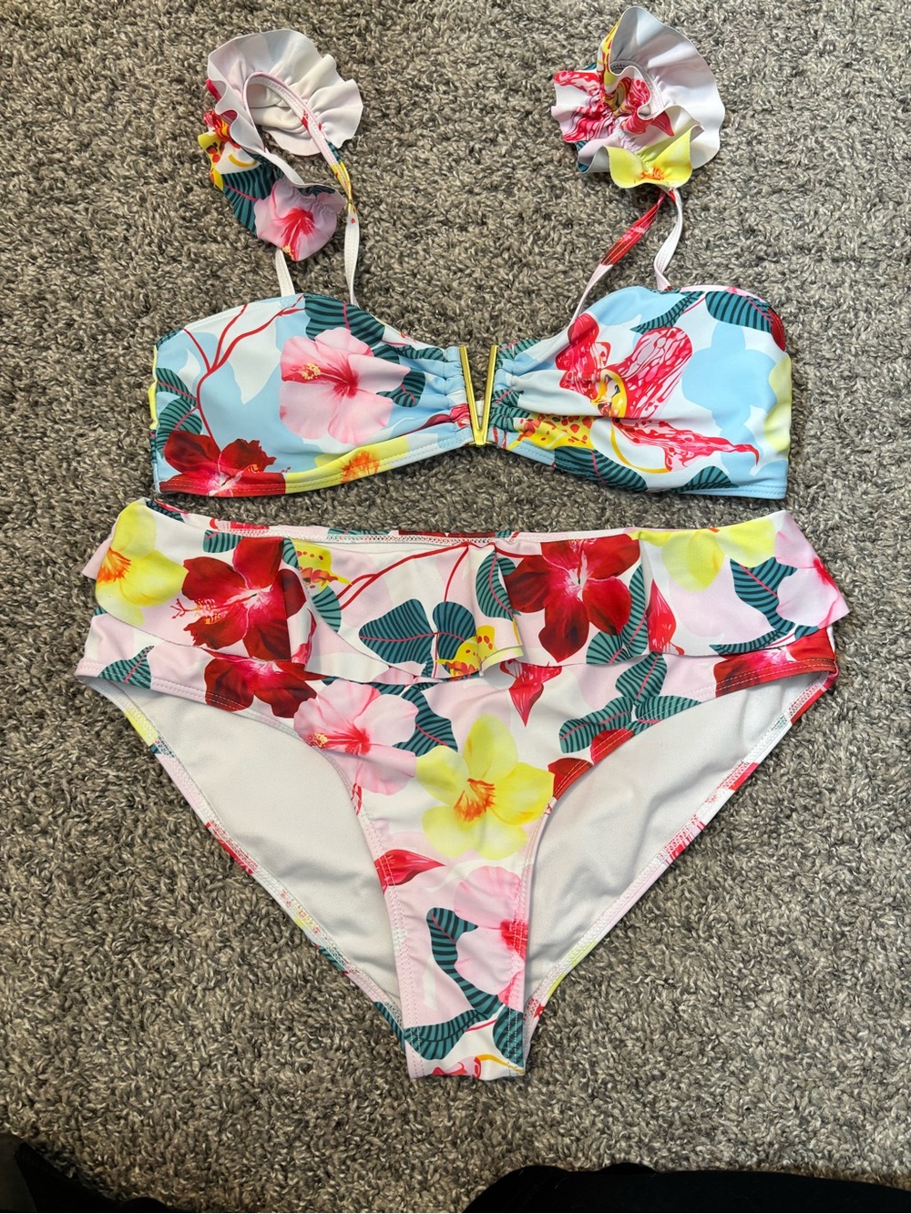 Cupshe Multicolor Floral Ruffle Bikini Set - Red, Yellow, Green, Pink, Blue